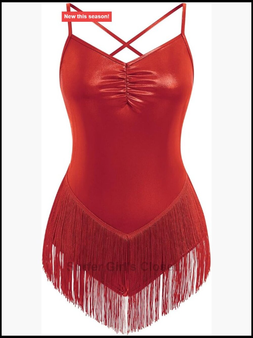 Metallic Fringe Bodysuit Criss Cross Back Latin Dance Trapeze Costume